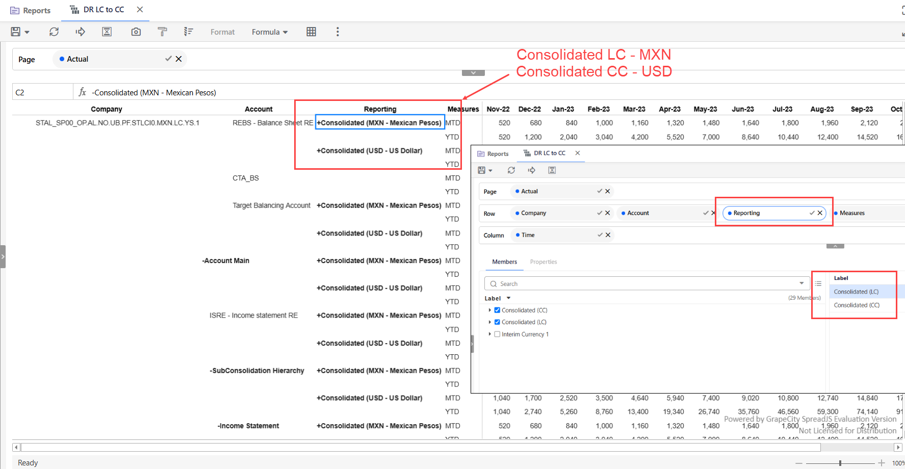 Financial report view comparing Consolidated data in MXN (LC) and USD (CC), with “Reporting” filter and labels highlighted.