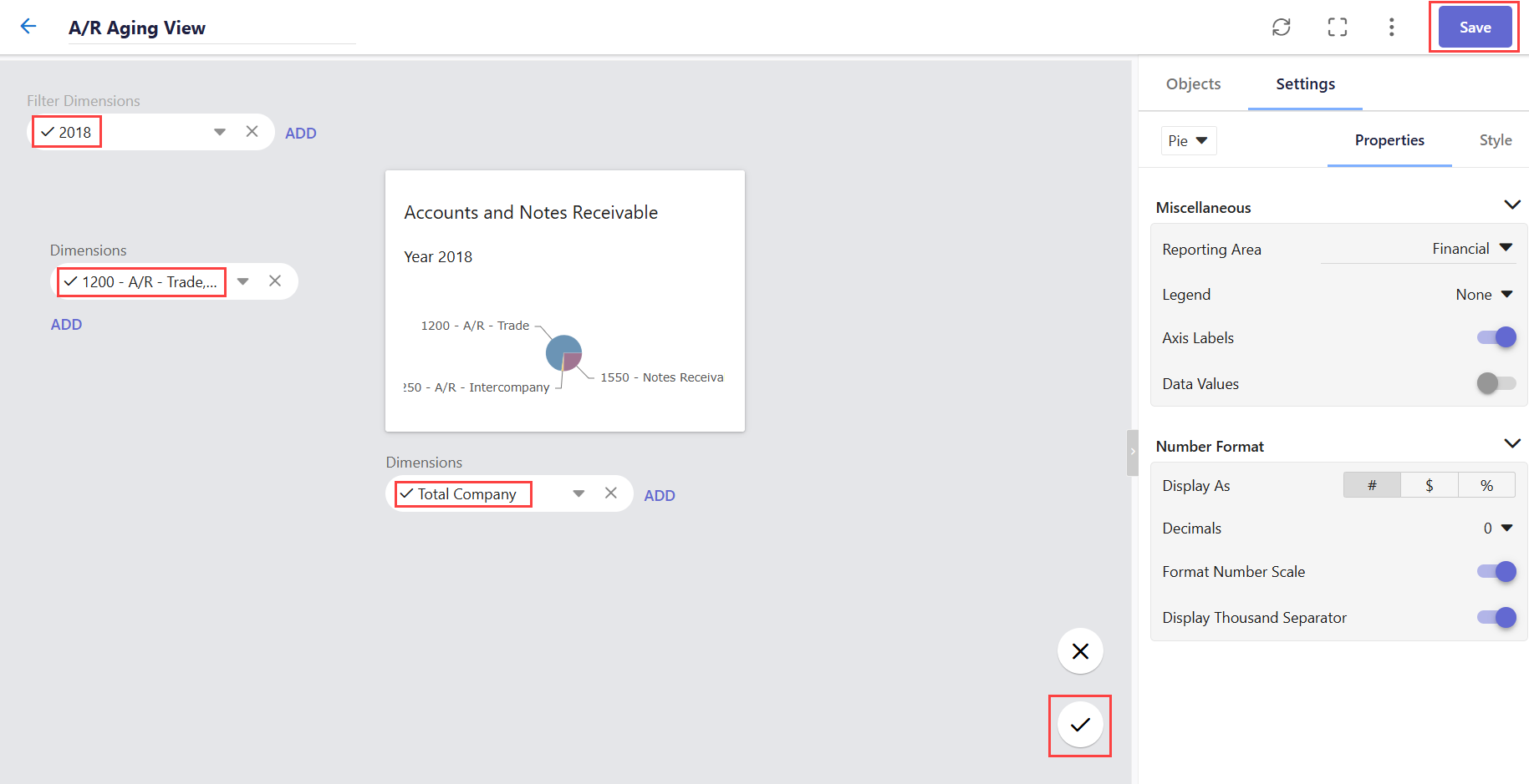 Edit view of A/R Aging report with filters for 2018, A/R types, and Total Company selected; save button highlighted.