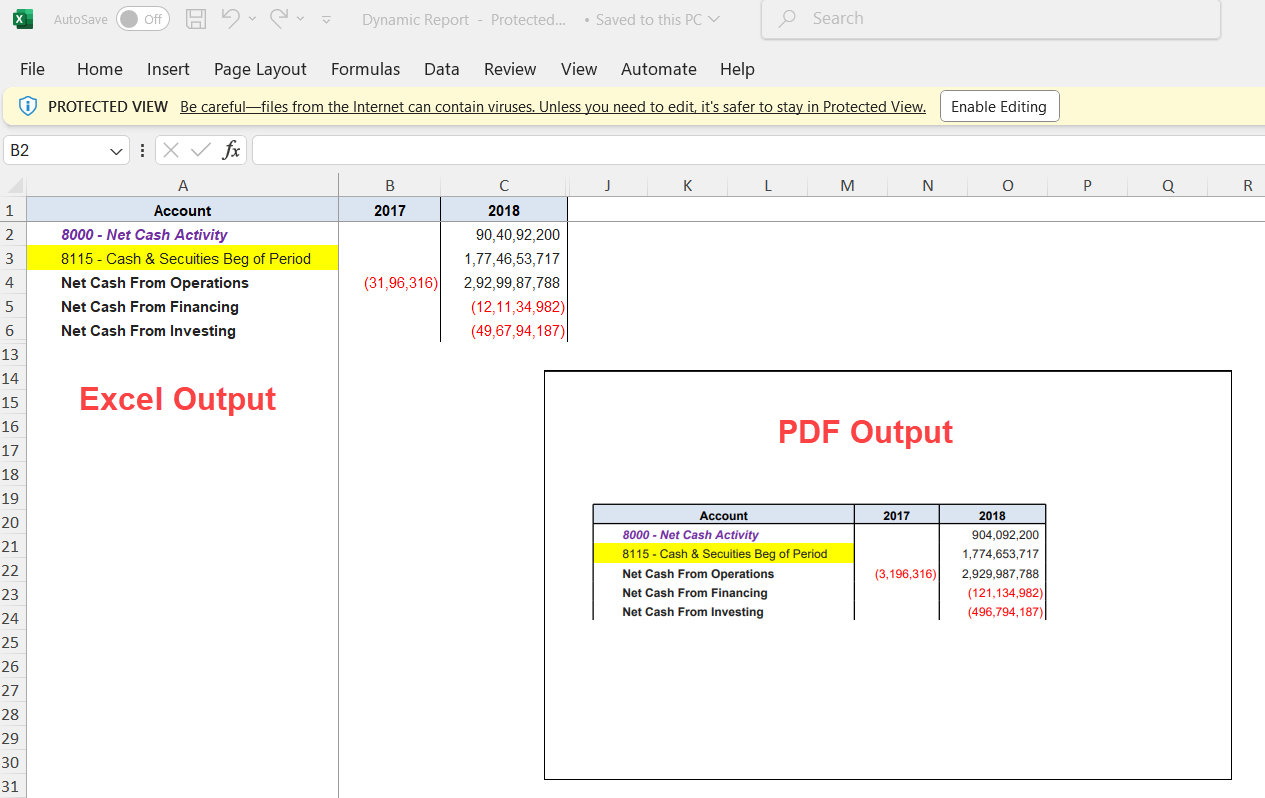 Excel and PDF outputs display net cash activity with consistent formatting, including bold fonts and red negative values.