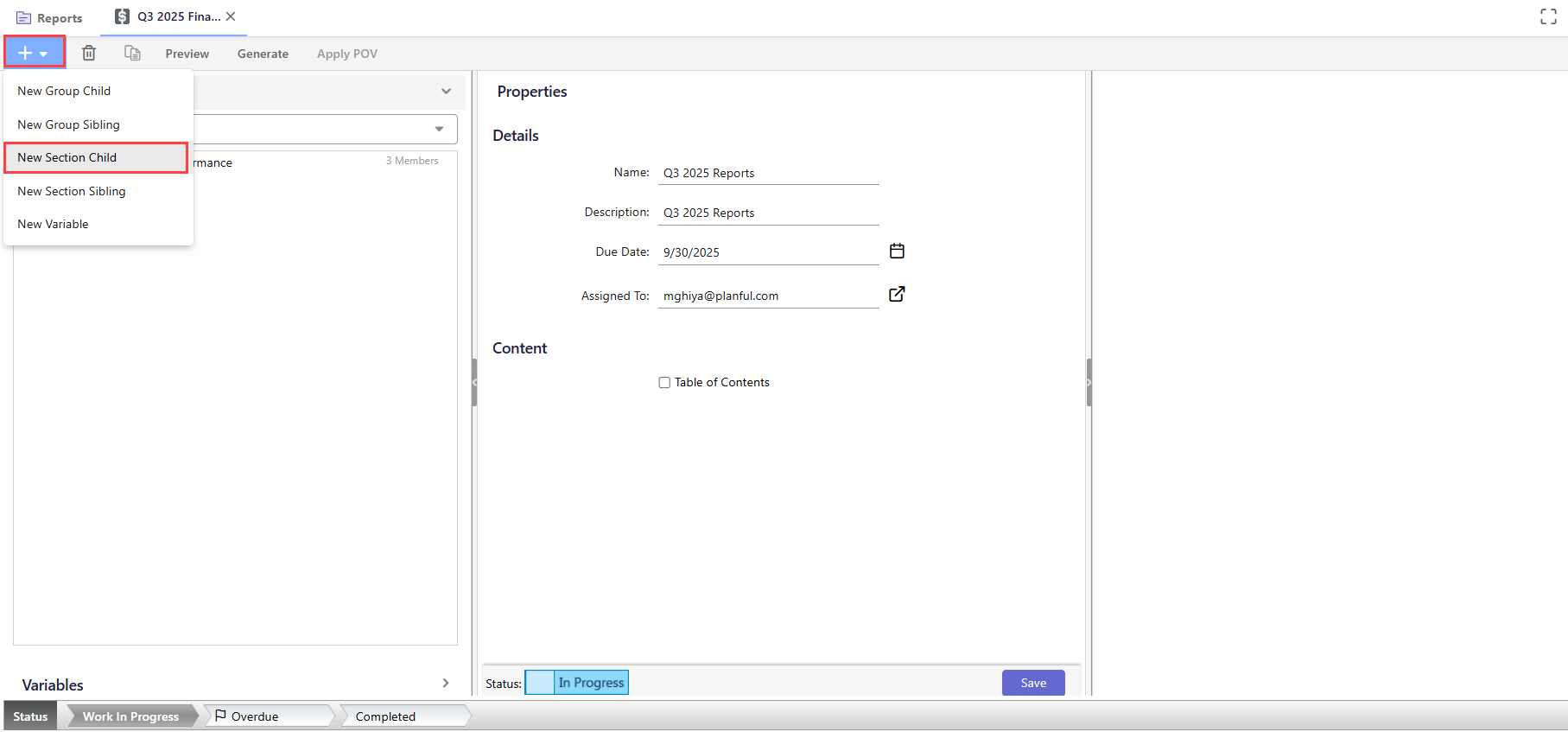Dropdown menu shows "New Section Child" selected for the Q3 2025 Reports setup.
