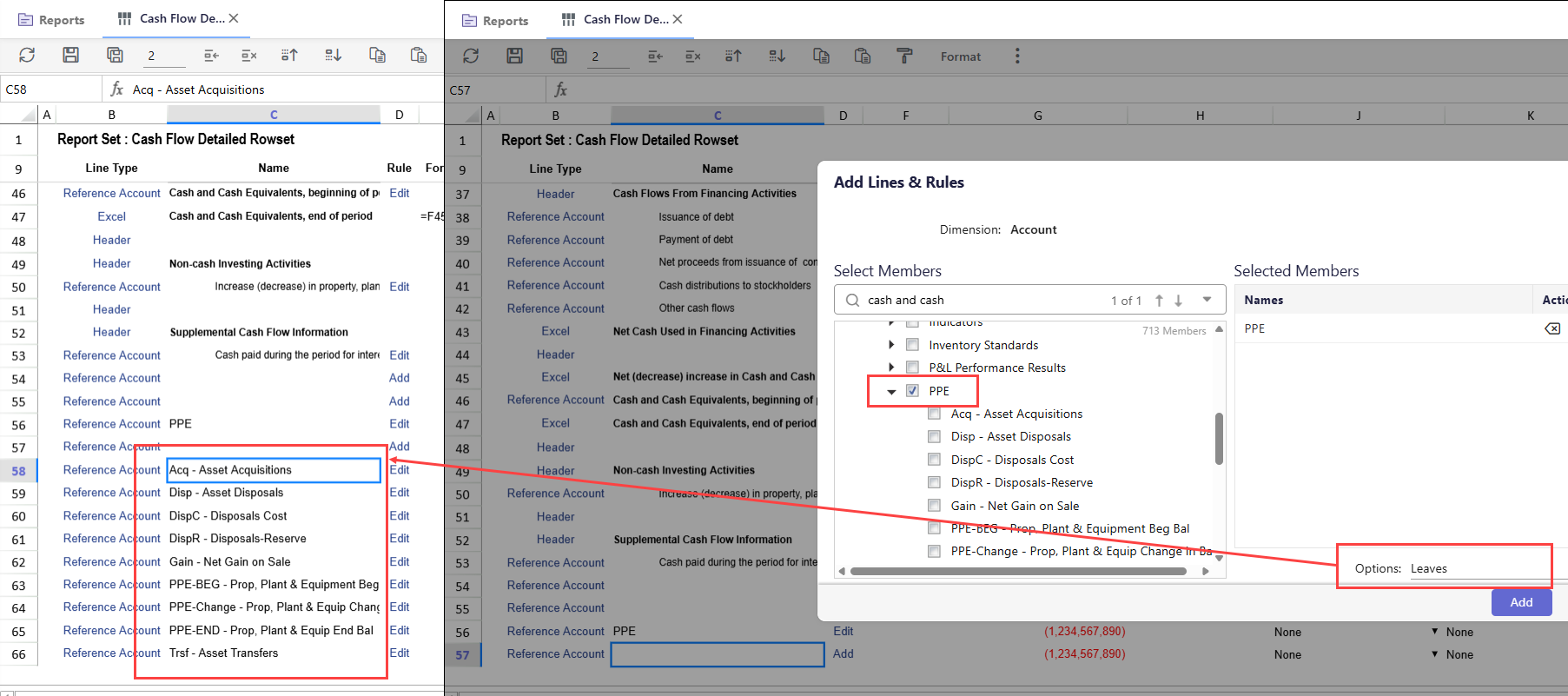 The user selects "PPE" from the account dimension to add to the Cash Flow Detailed Rowset report using the “Add Lines & Rules” panel with th