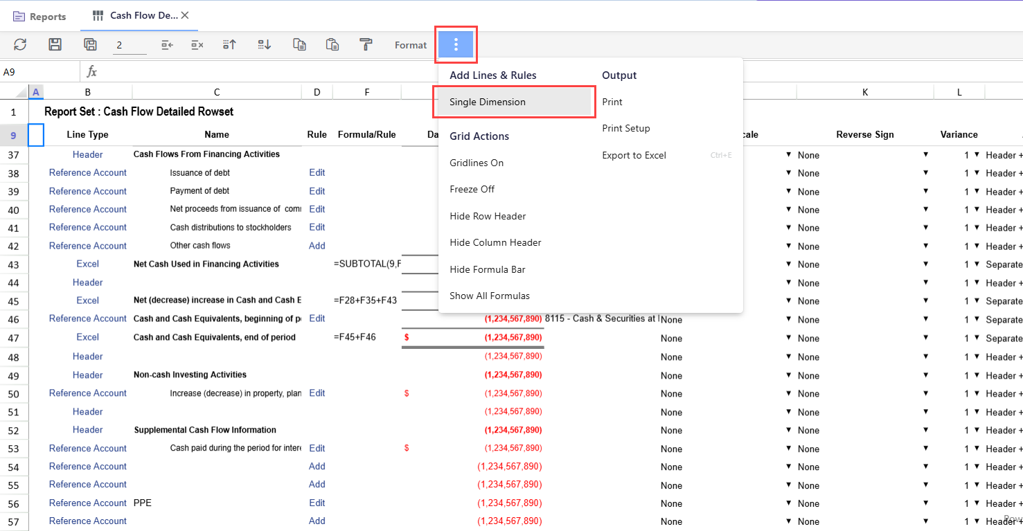 A dropdown menu in the Cash Flow Detailed Rowset report shows the selection of "Single Dimension" under "Add Lines & Rules," allowing users