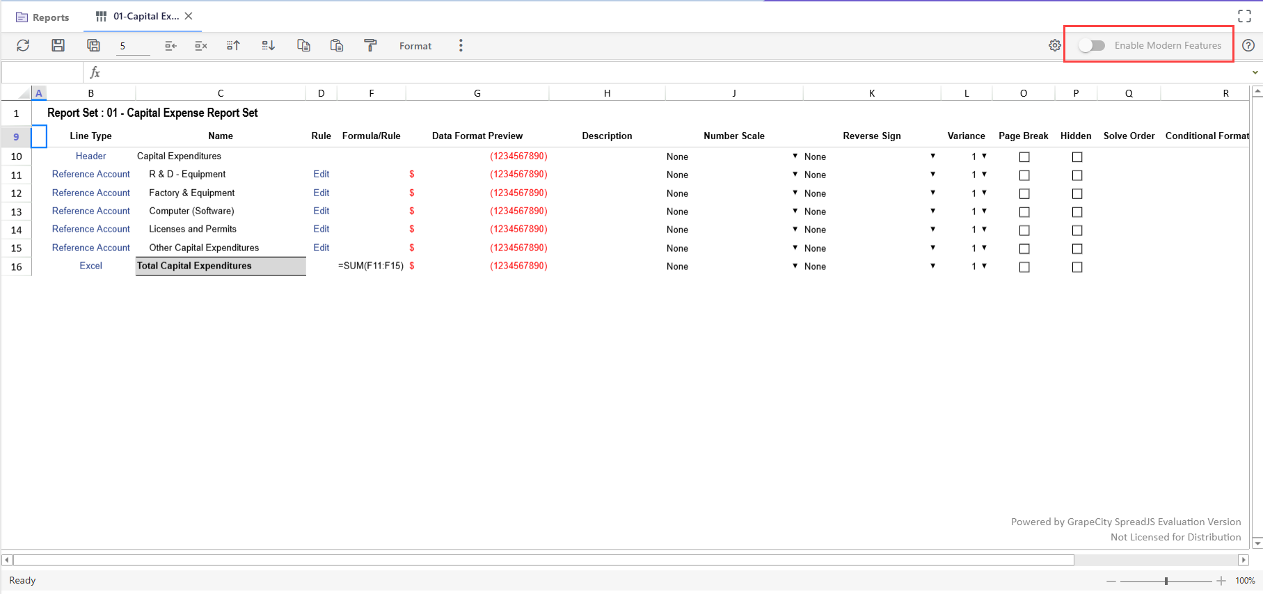 Capital Expense Report Set with line items, formulas, and metadata; "Enable Modern Features" toggle is off in the top right.