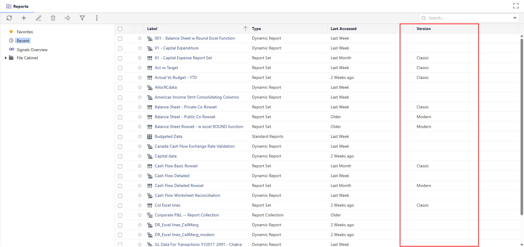 Report list showing labels, types, access dates, and a Version column distinguishing “Classic” and “Modern” formats.