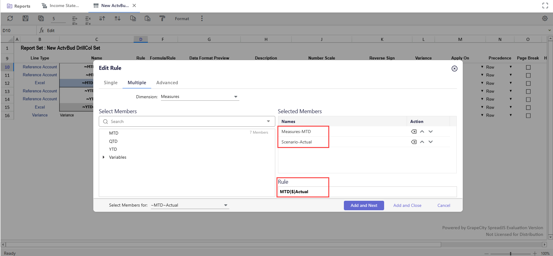 Edit Rule setup shows MTD Actual column with Measures mapped to MTD and Scenario to Actual, using rule format "MTD|$|Actual".