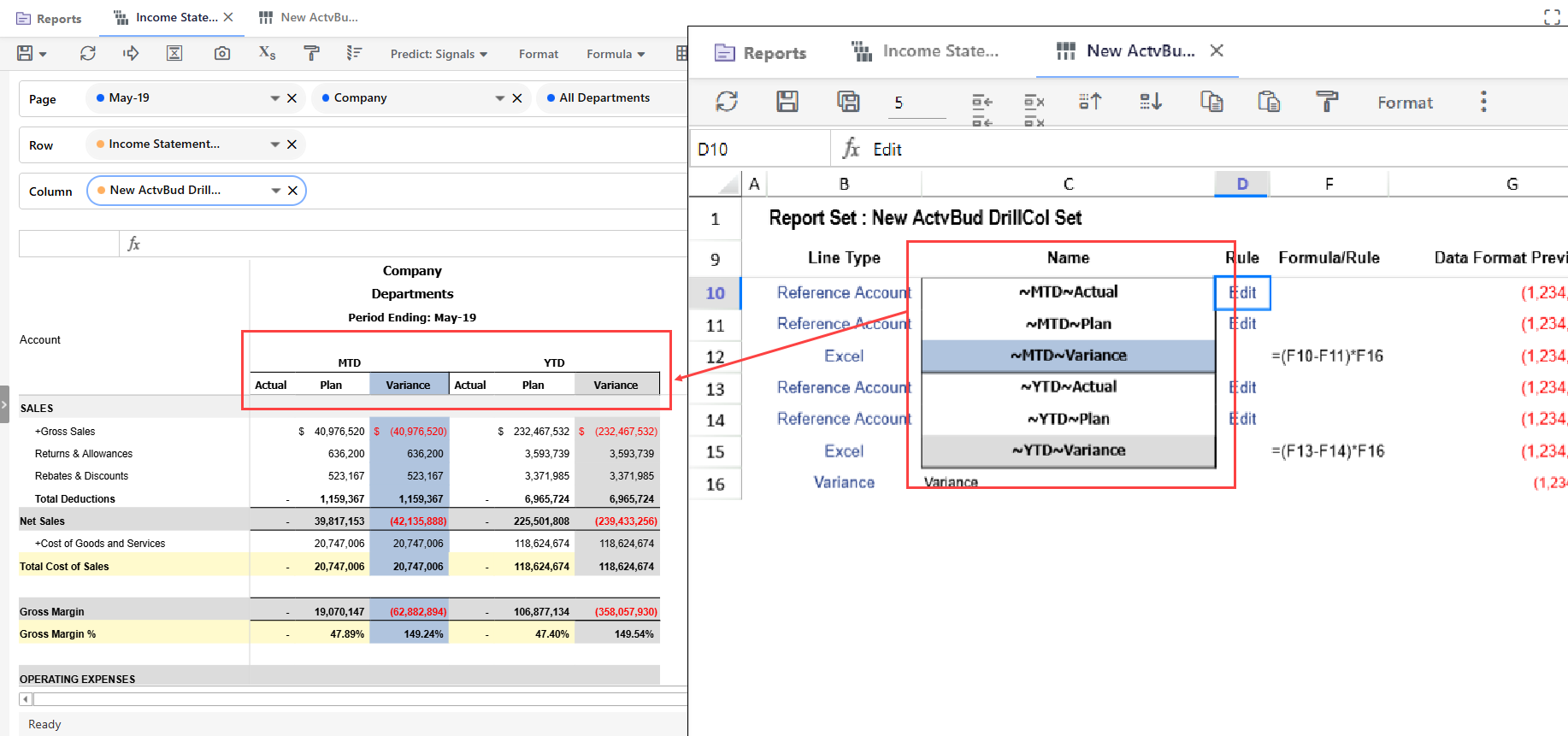 Side-by-side view of Column Set and Report where report set rows like MTDActual, MTDPlan, and MTDVariance map to the report’s headers.