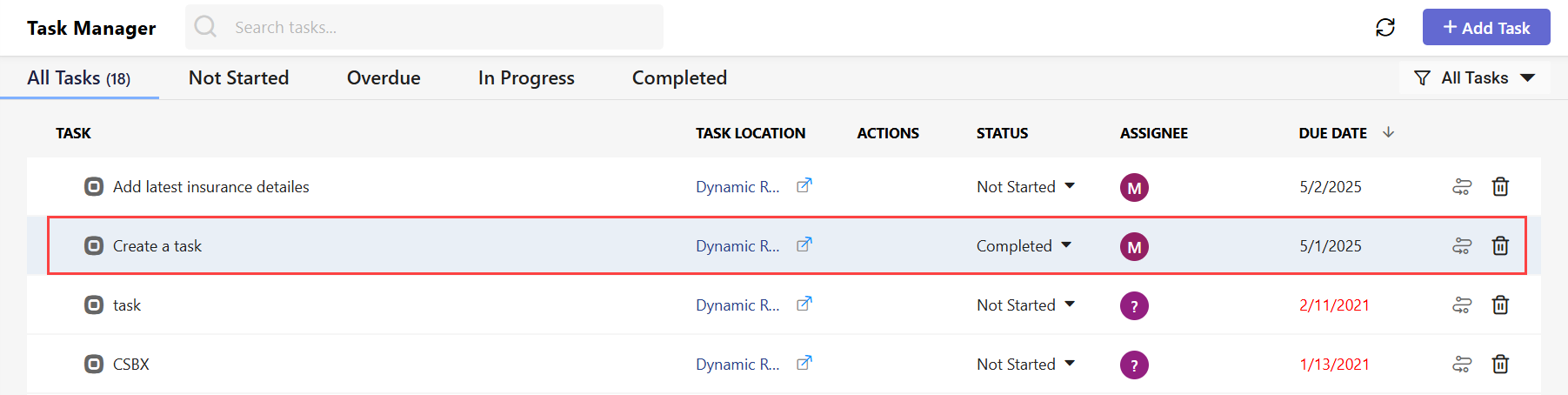 Task Manager interface showing a list of tasks with statuses, assignees, due dates; one task marked “Completed” and highlighted in blue.