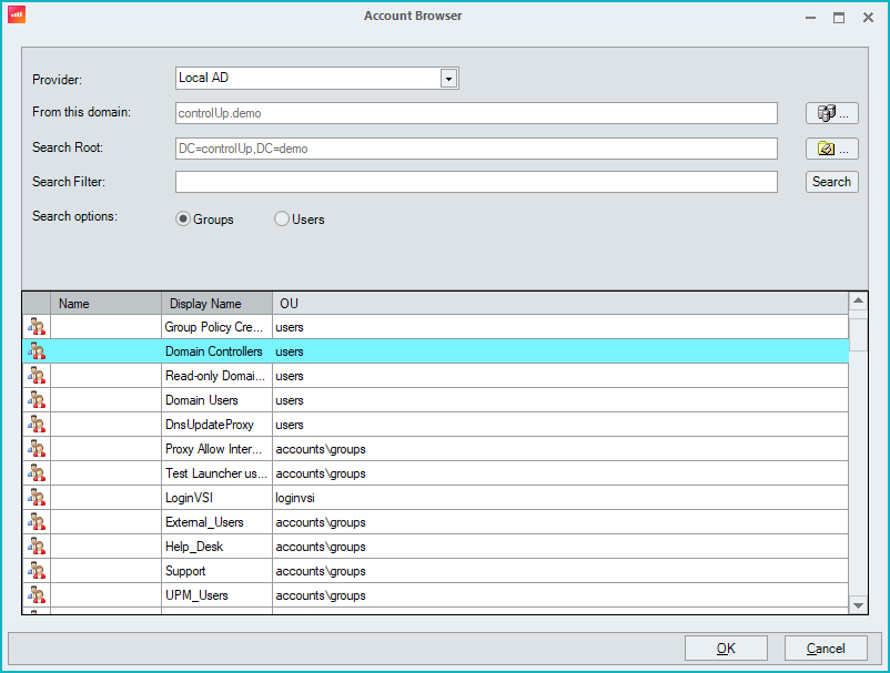 Account browser popup displaying active directory groups