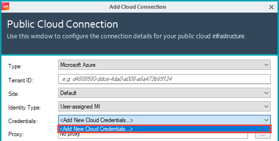 Clicking Add New Cloud Credentials... in the Credentials dropdown