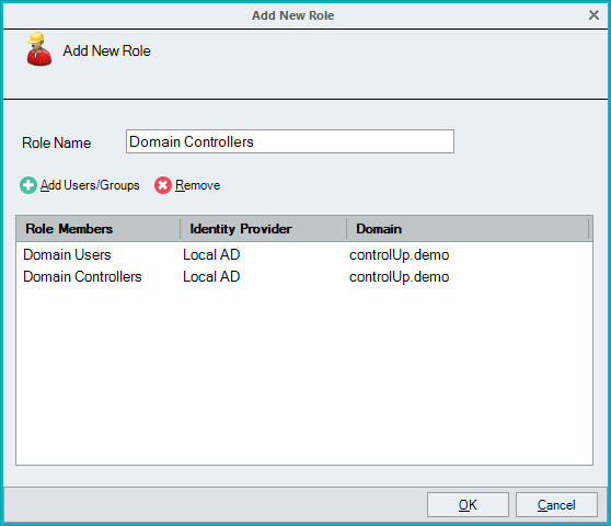 Add new role popup with active directory groups selected from local domain