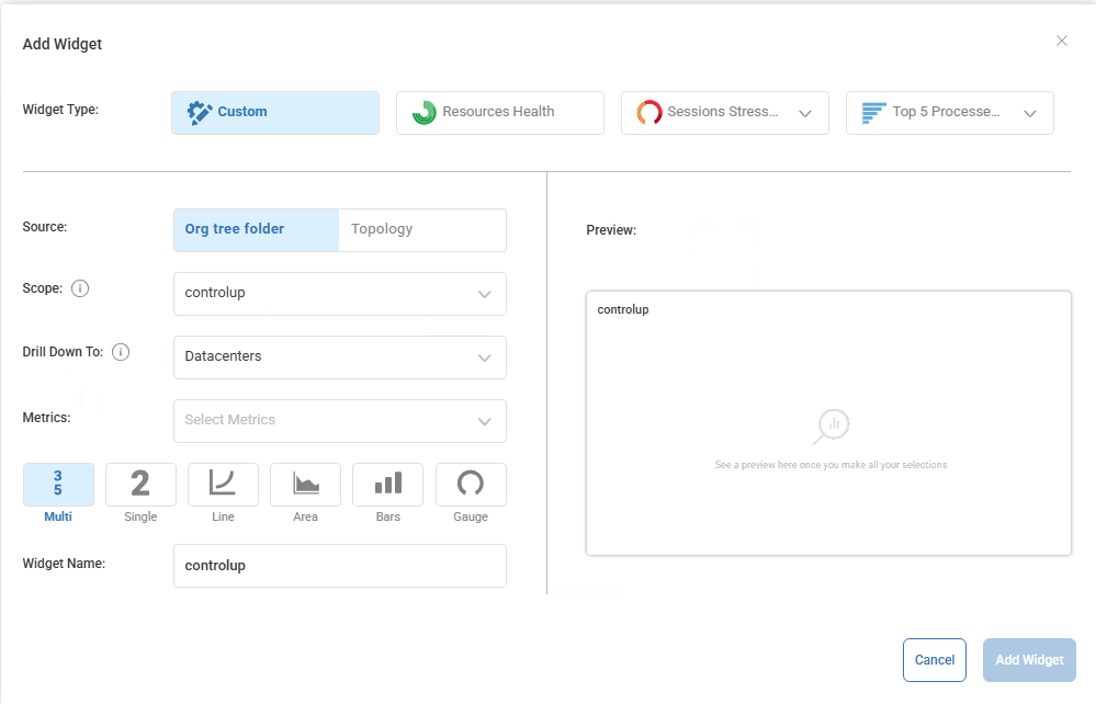 'Add Widget' screen displaying all the widget customization options