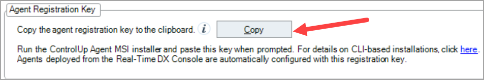 Copy button under the 'Agent Registration Key' section.