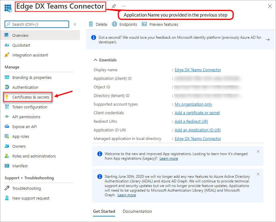 Azure application screen with Name click Certificates and Secrets.png