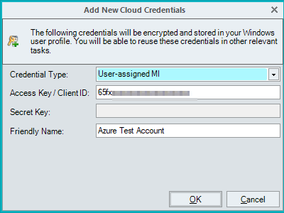 Adding an Access Key/client ID, Secret Key, and Friendly Name in the Add new cloud Credentials window