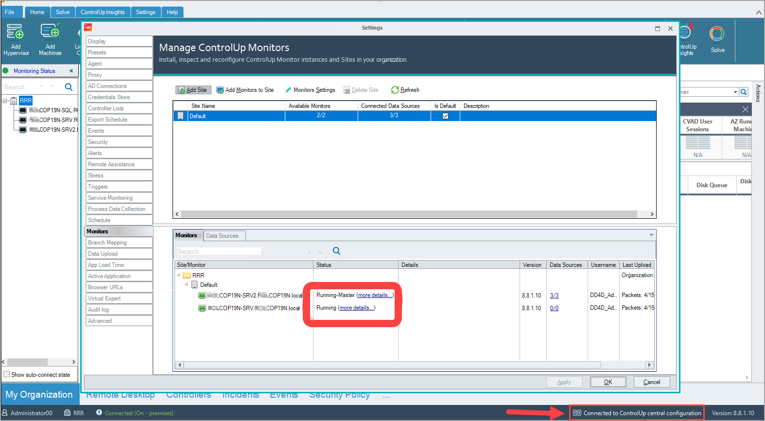 COP Monitors status showing monitors running