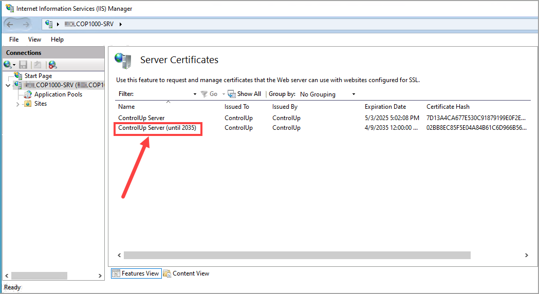 COP Server Certificates with controlup server selected
