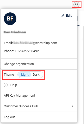 Clicking on the profile icon displays configuration options, including a dark mode toggle