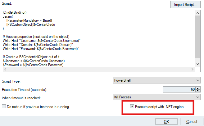 script-based action configuration showing execute script with .NET engine checkbox selected