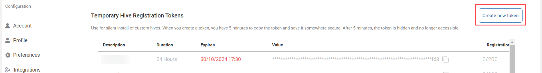 create new token button on Hive Registration Tokens page