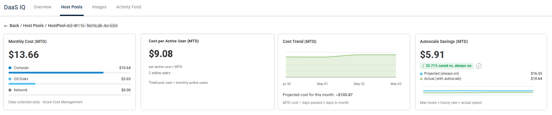 daas iq host pool details page with finups widgets