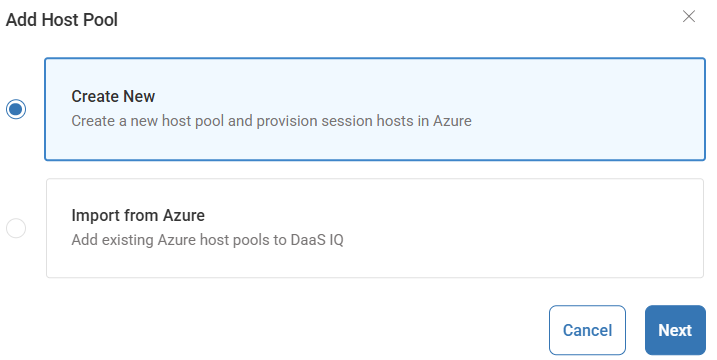 add host pool popup showing create new and import from azure options