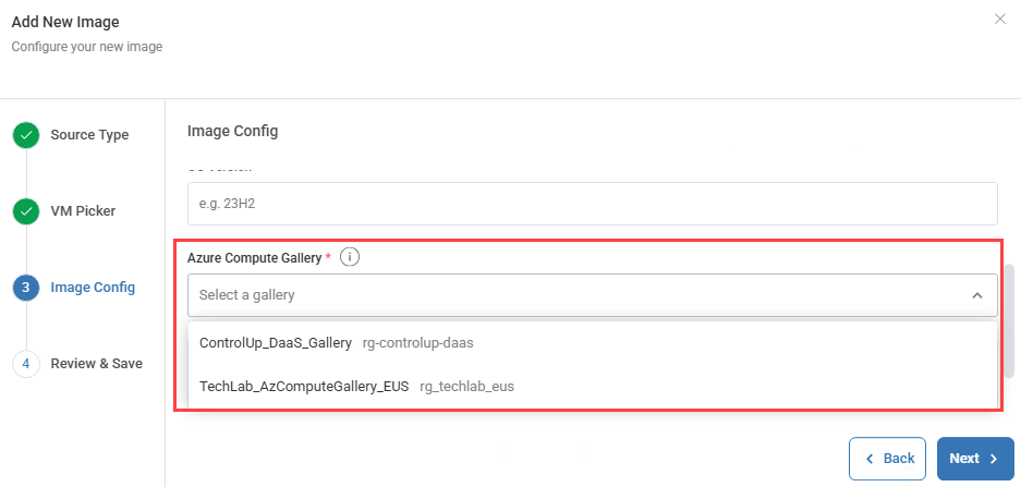 add new image wizard with image config step showing azure compute gallery dropdown menu options to select