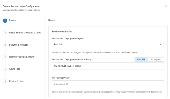 create session host configuration popup showing step 1 basics page