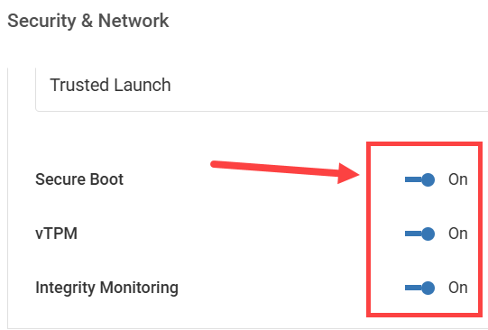 create session host configuration popup showing step 3 security & network page with secure boot, vTPM, and Integrity monitoring set as on