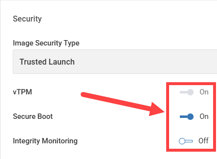 create session host configuration popup showing step 3 security & network page with secure boot, vTPM, and Integrity monitoring toggles