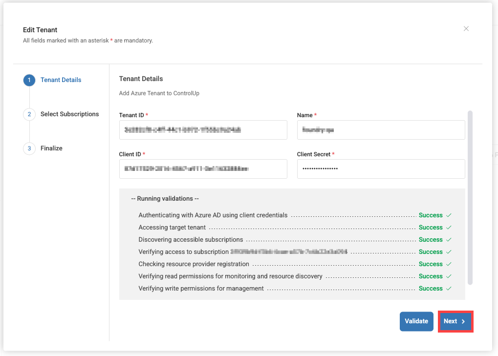 add azure tenant details page showing successful validations