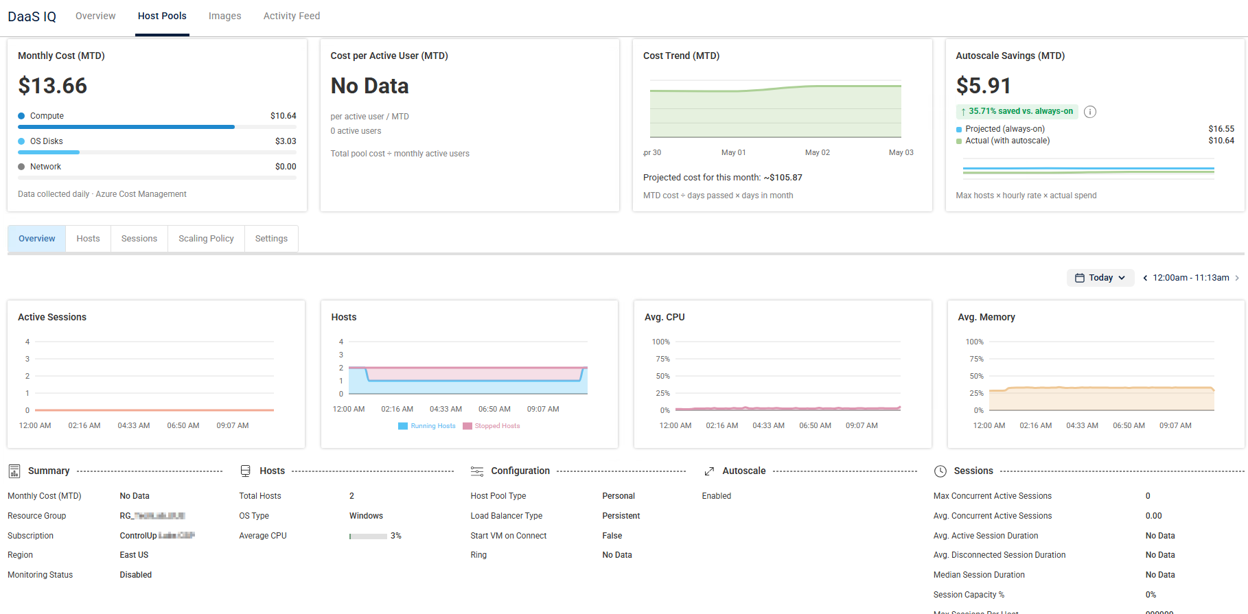 host pool details page showing overview tab