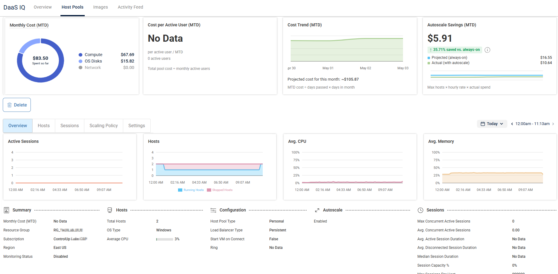 host pool details page showing overview tab