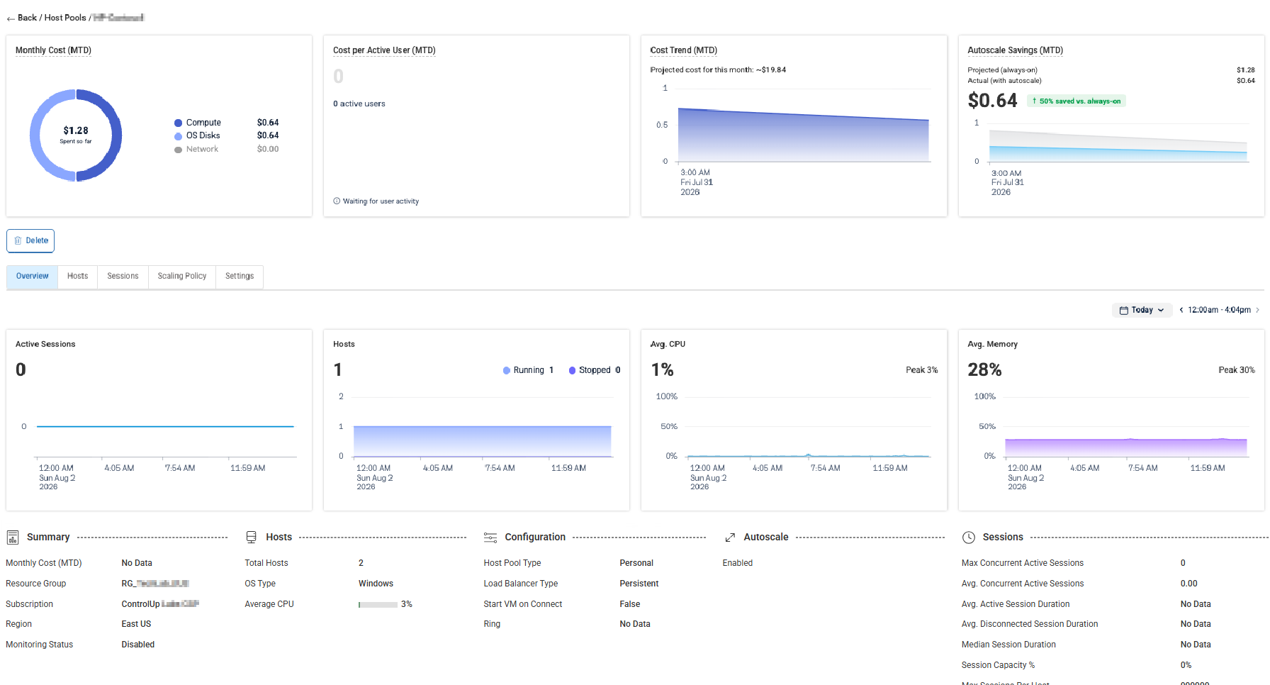host pool details page showing overview tab