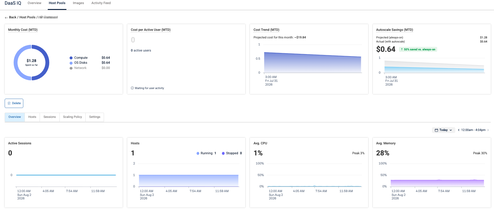 host pool details page showing overview tab charts