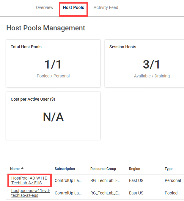 host pools tab with host pool selected in data grid