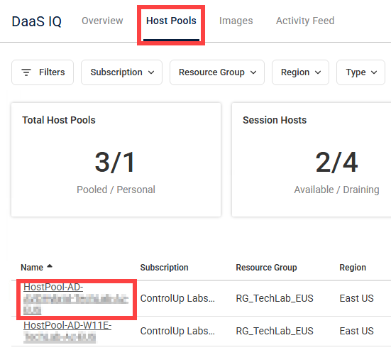 host pools tab with host pool selected in data grid