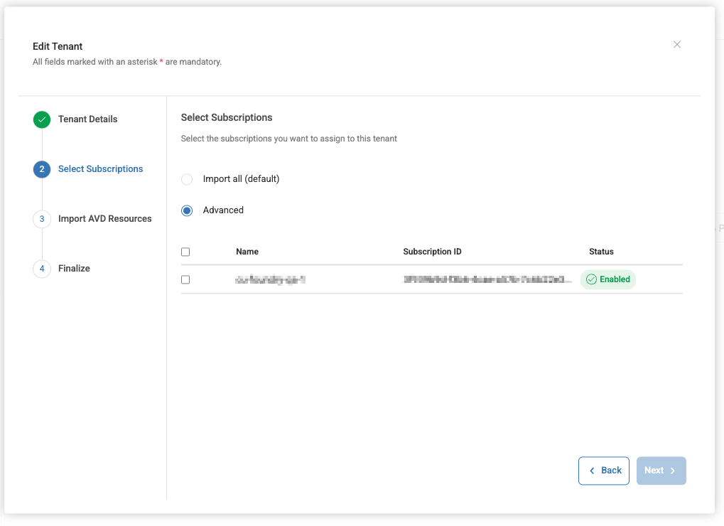 select subscriptions page with advanced selected