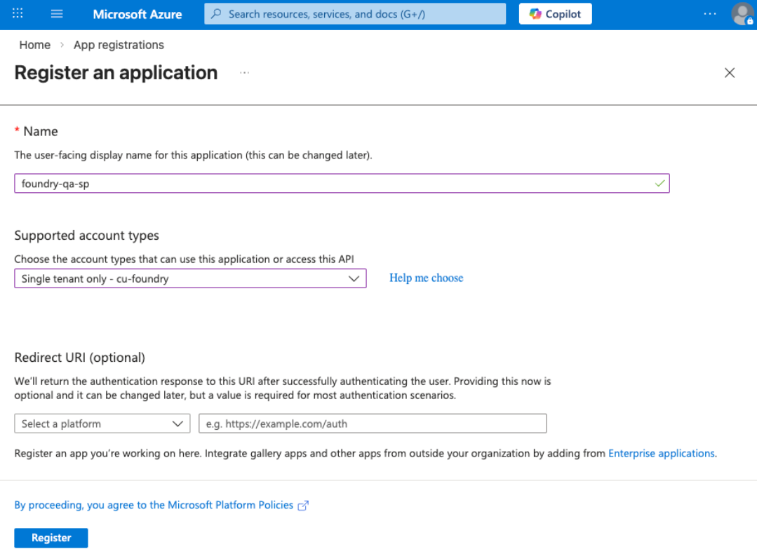 Azure register an application page