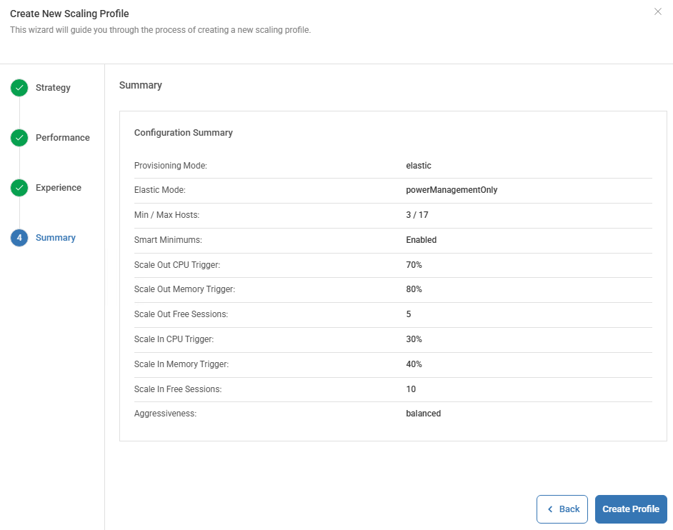 create new scaling profile popup window summary step