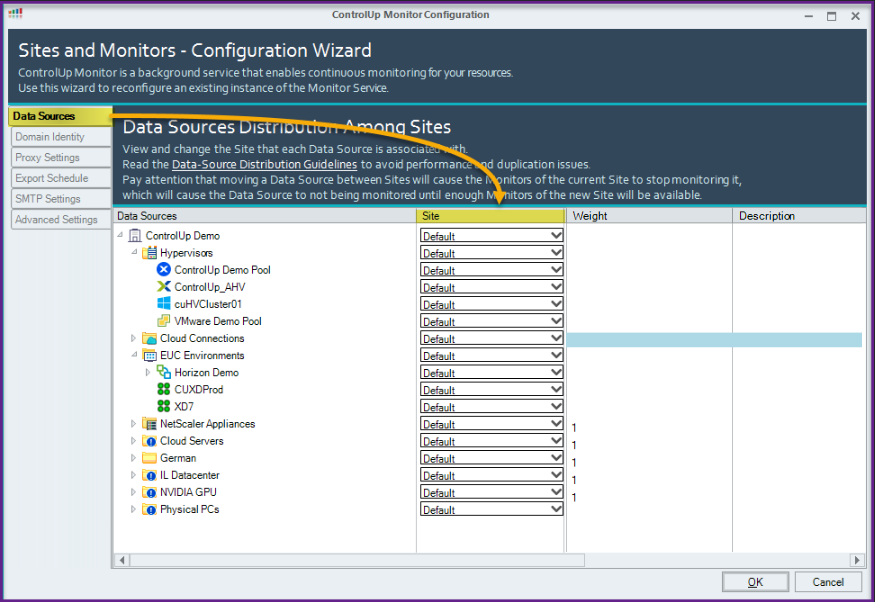 Data Sources tab in the ControlUp Monitor Configuration window with The Site column highlighted