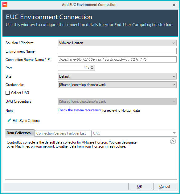 Add EUC Environment Connection window with Solution / Platform field is set to VMware Horizon