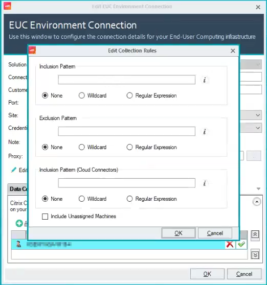 EUC Environment Connection window. The 'Edit Collection Rules' section is open and shows inclusion and exclusion patterns.