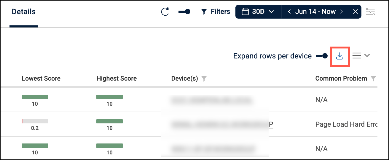 Export icon on the details grid