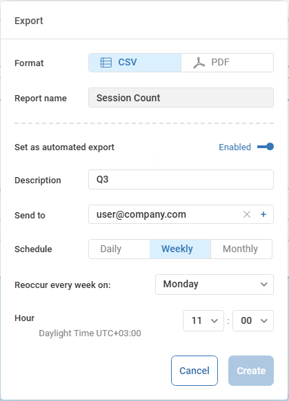 Export popup displaying the export options