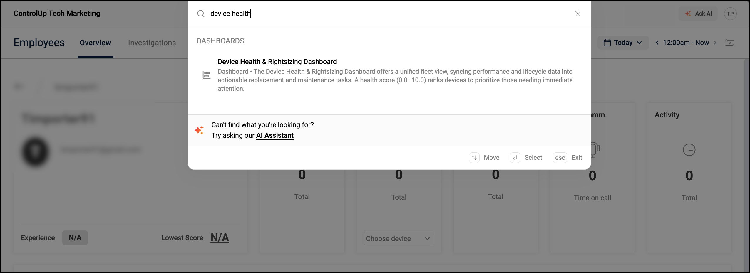 global search bar showing results for device health dashboard