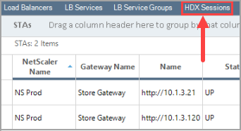 Netscaler appliance opened showing the HDX sessions tab