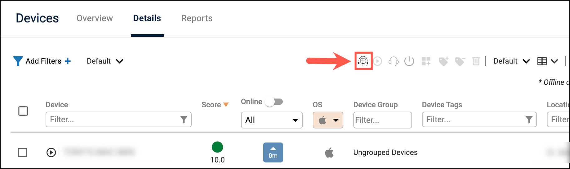 Device details page with unmanaged remote control icon highlighted