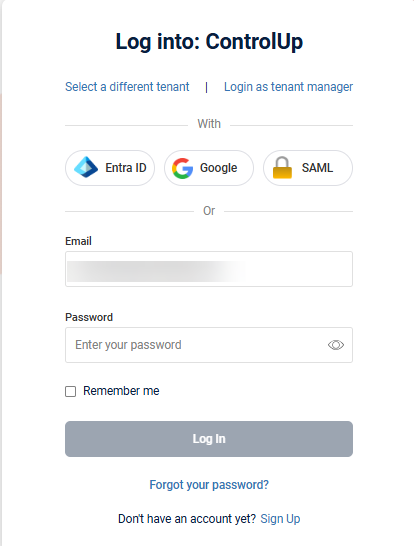 Log in screen