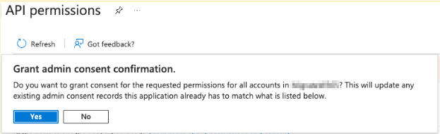 Grant admin consent confirmation popup showing yes button