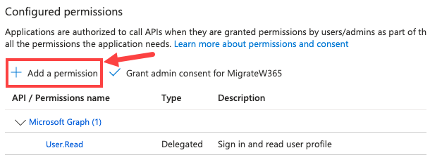 App permissions page with configured permissions  section showing   add a permission button